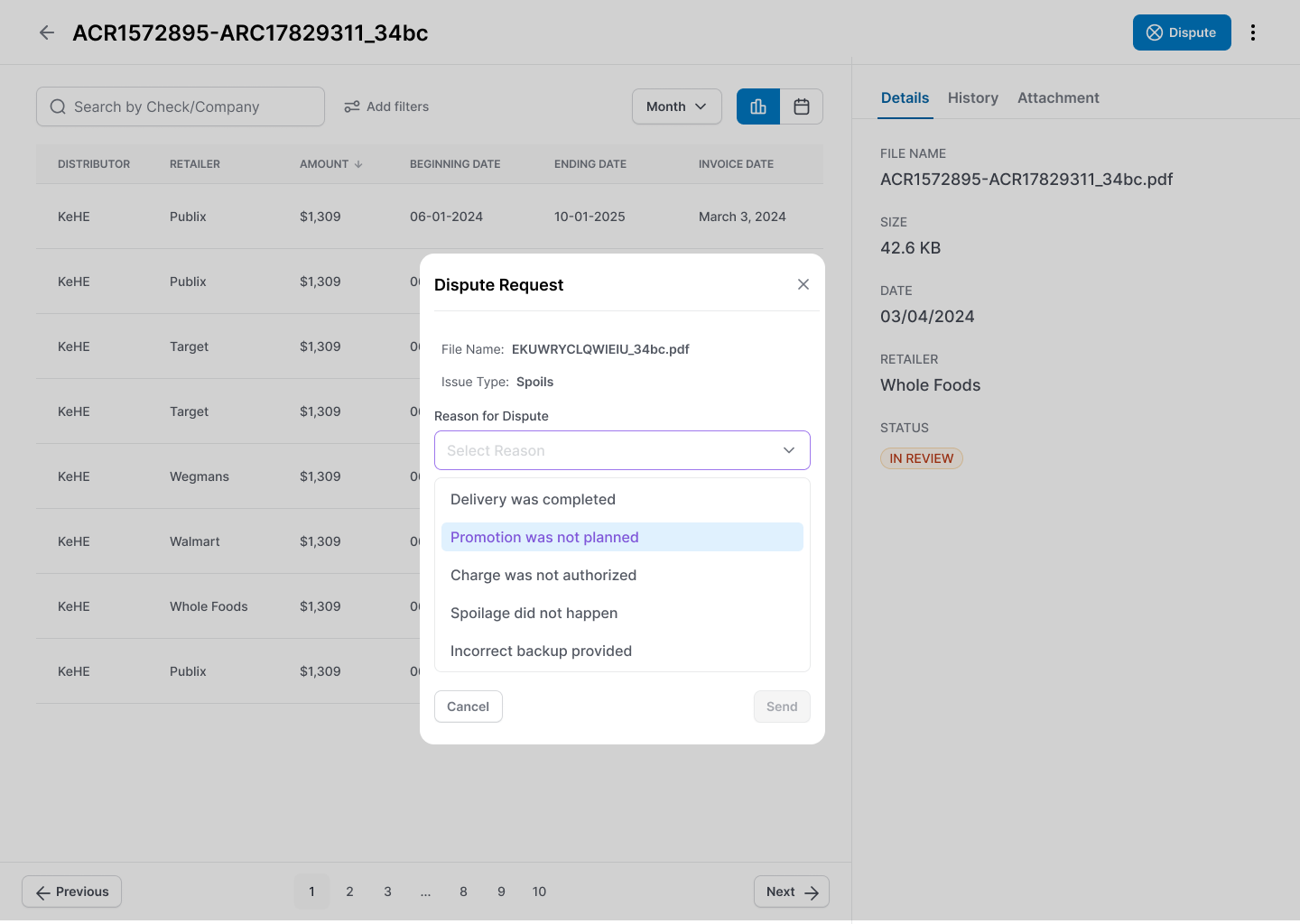 Clovr — Deduction Detail with Dispute Modal